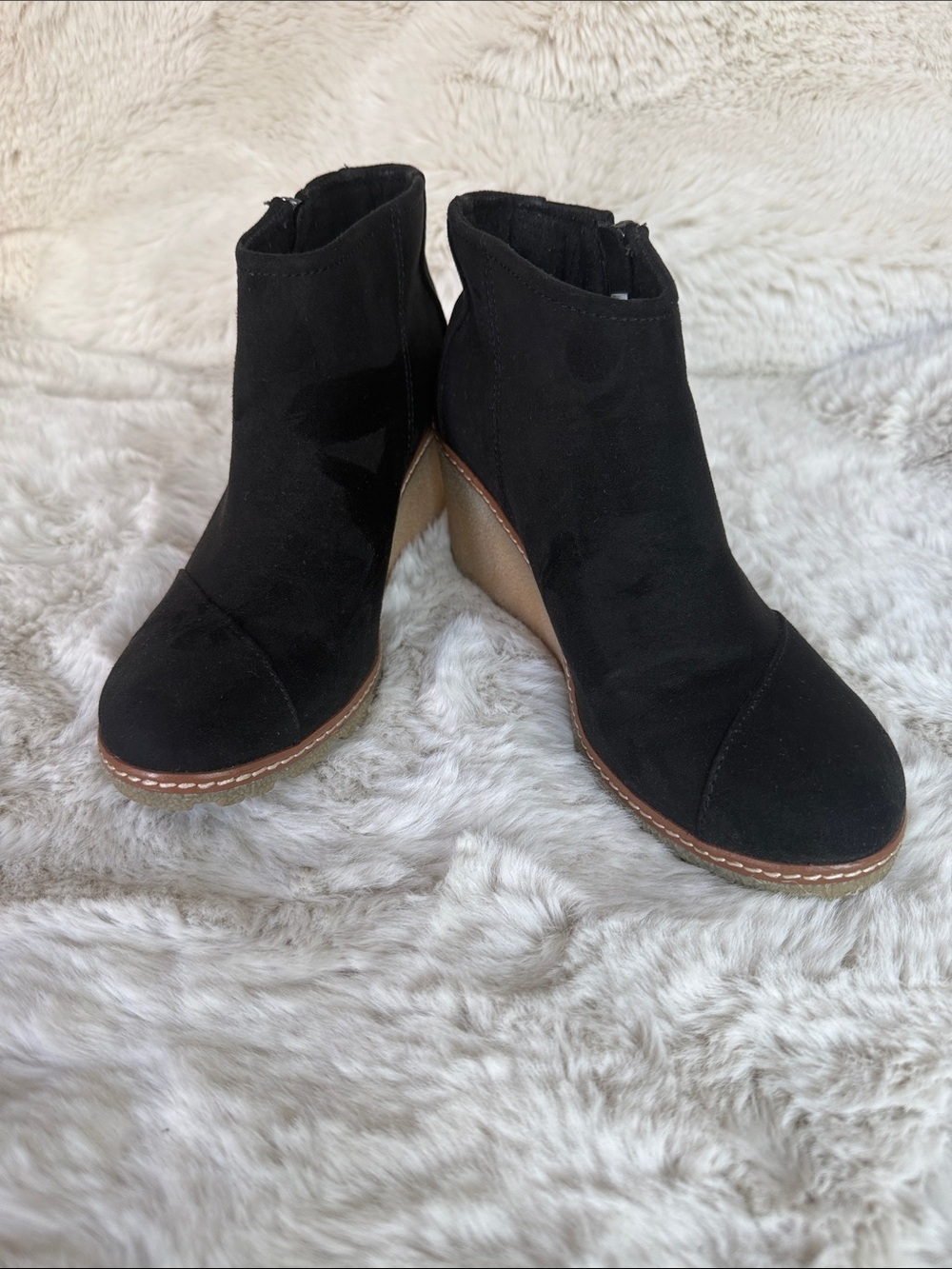 Toms Black Suede Ankle Wedge Booties